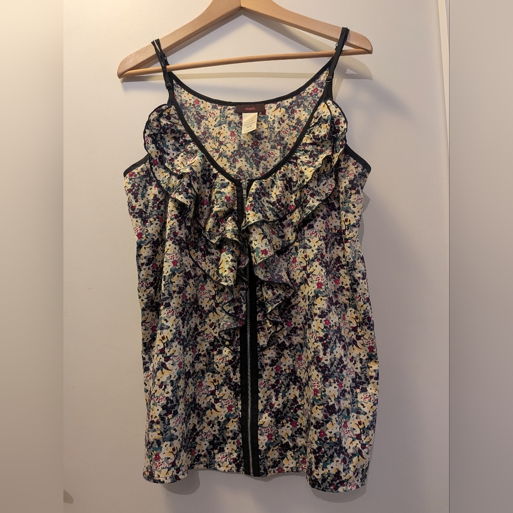 Avon Mark Floral Ruffle Cami Tank Top - Black Trim & Zipper XL
